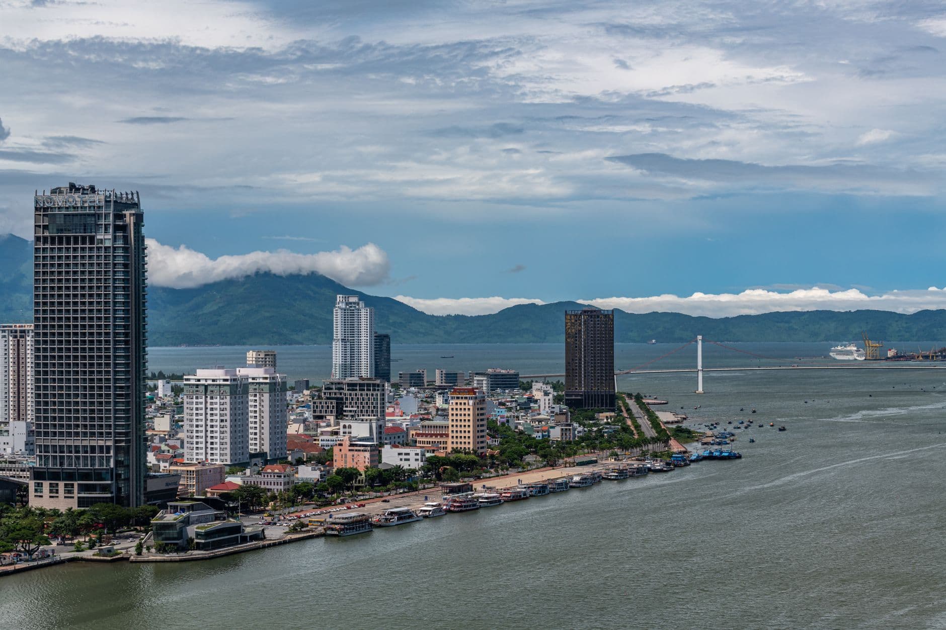 The Da Nang waterfront on Vietnam's central coast, looking towards the Han River mouth and the mountains beyond.